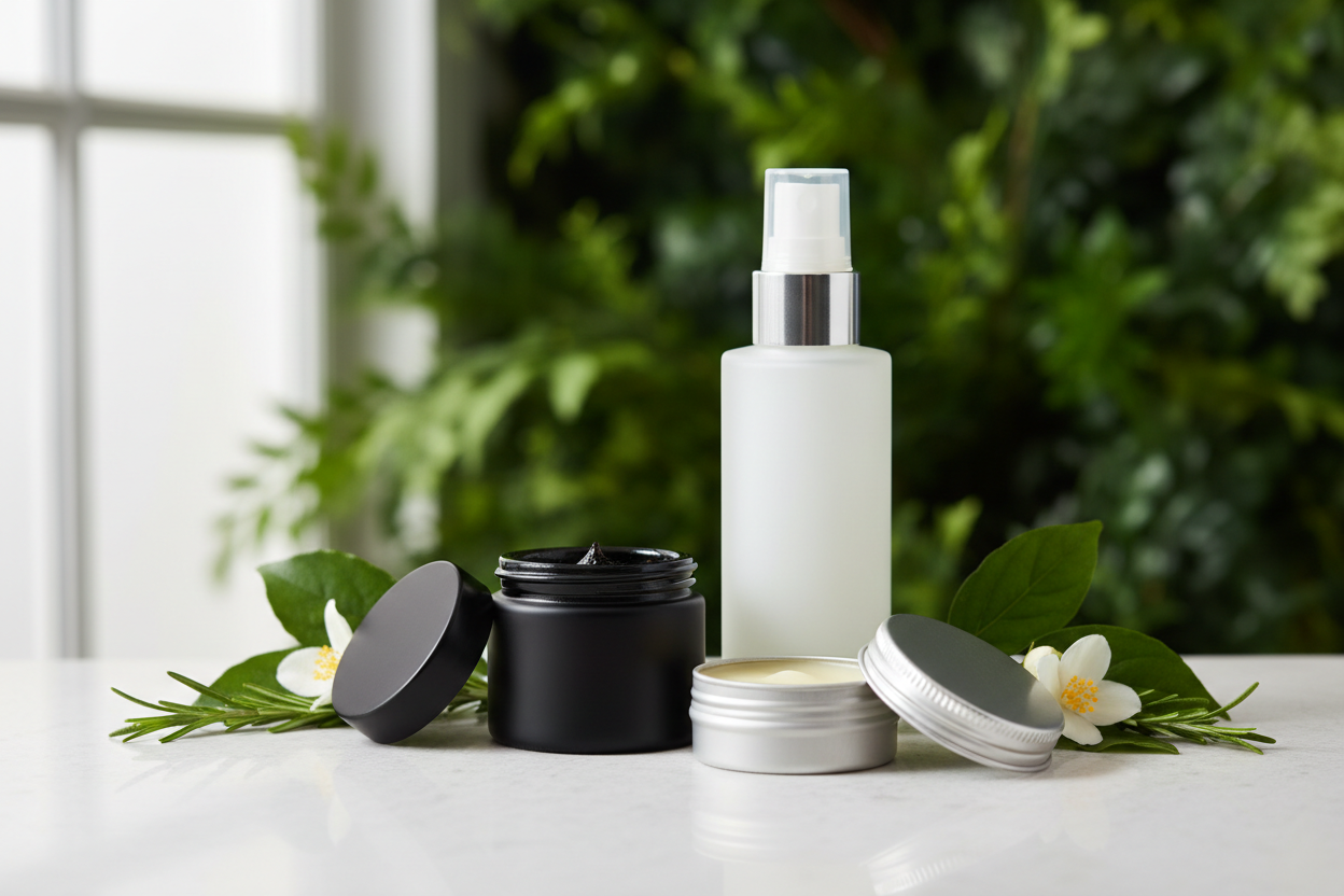 a black salve jar, a lip balm tin, a white glass spray bottle, no labels, no logos, greenery background