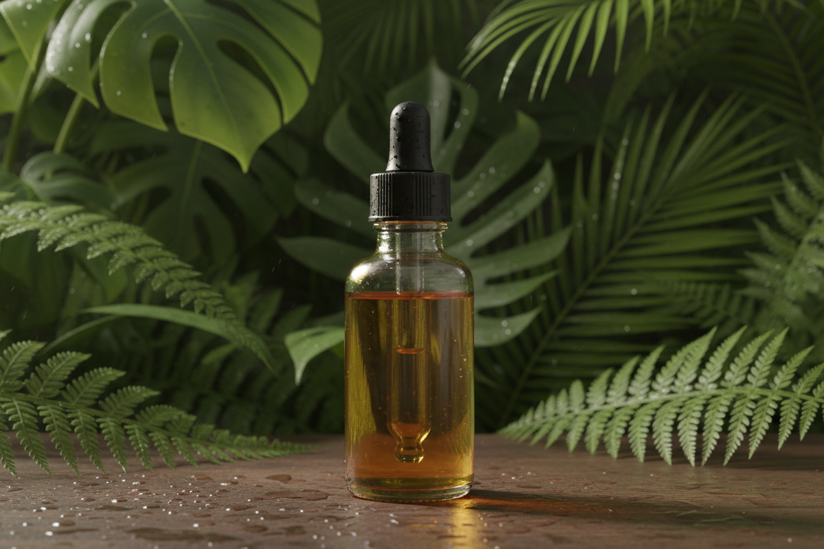 an old dropper, no label or logo, greenery background