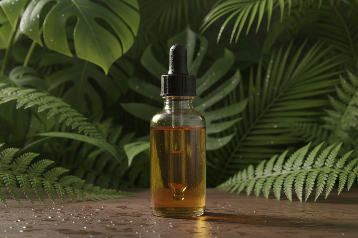 an old dropper, no label or logo, greenery background