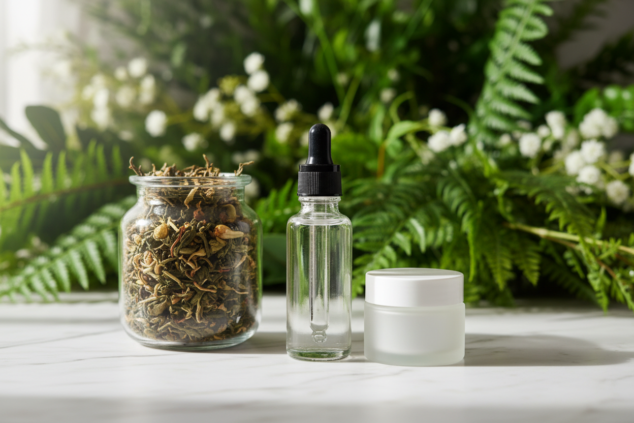 oil dropper, salve jar, loose tea jar, greenery background