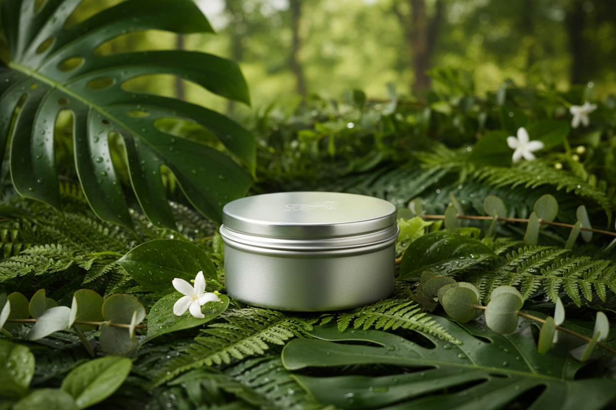 Silver ointment tin, greenery background