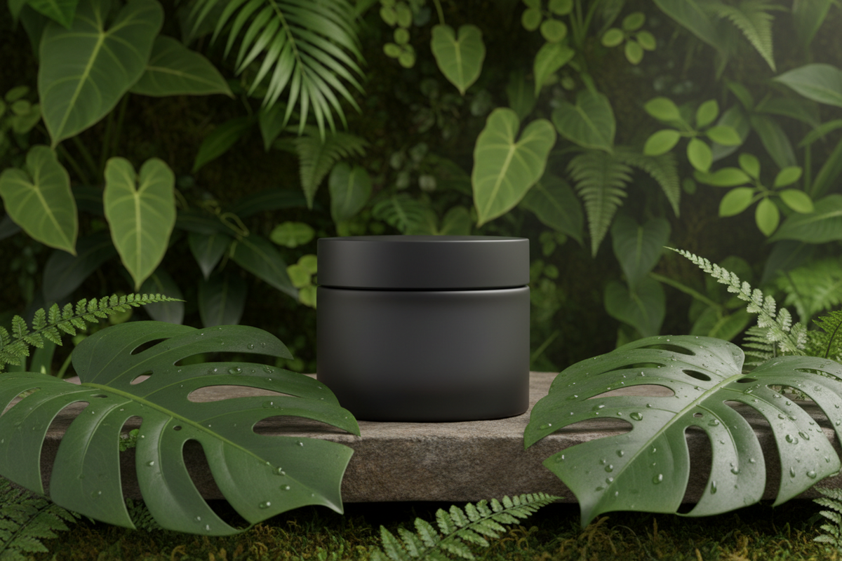 Skin slave, dark container, no logo or branding, greenery background