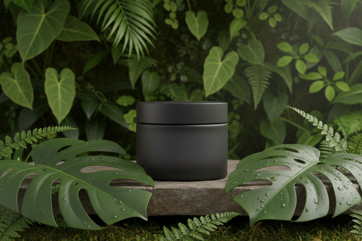 Skin slave, dark container, no logo or branding, greenery background