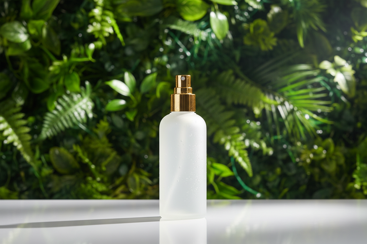 White glass spray bottle with gold top, greenery background