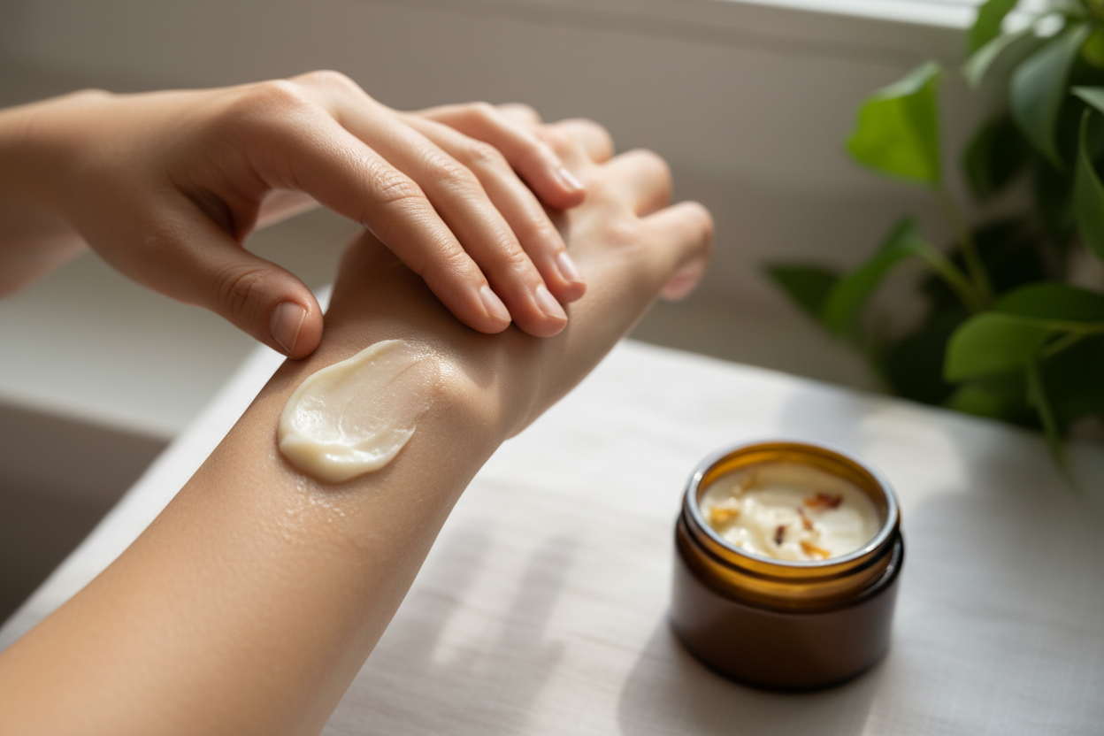 woman putting salve on skin